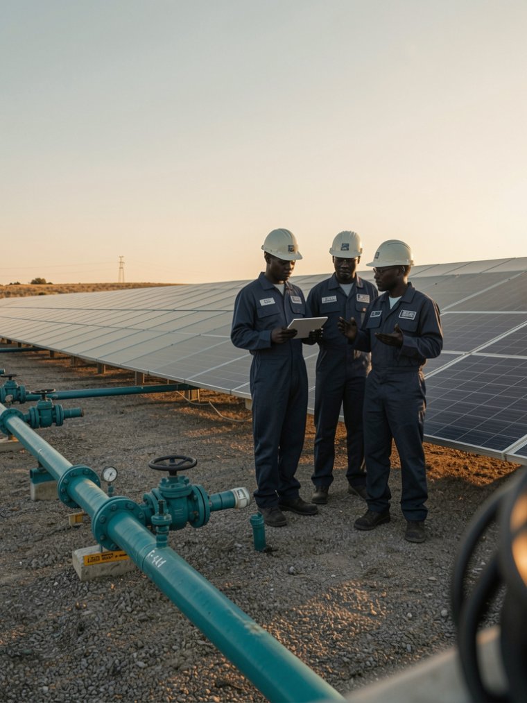 Techniciens sur site solaire et pipeline, symbole de l'engagement durable de TransEnergies